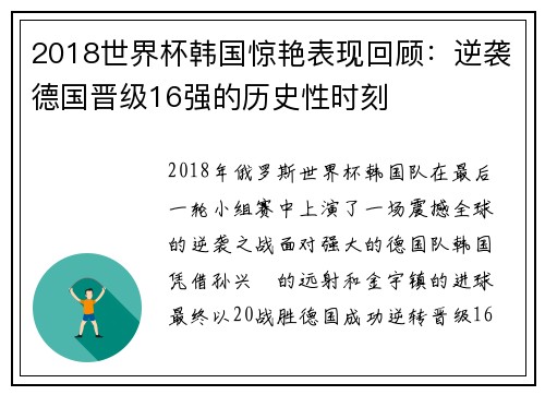 2018世界杯韩国惊艳表现回顾：逆袭德国晋级16强的历史性时刻