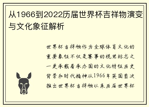 从1966到2022历届世界杯吉祥物演变与文化象征解析