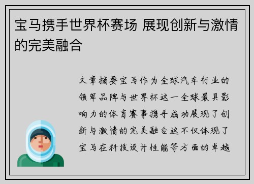 宝马携手世界杯赛场 展现创新与激情的完美融合